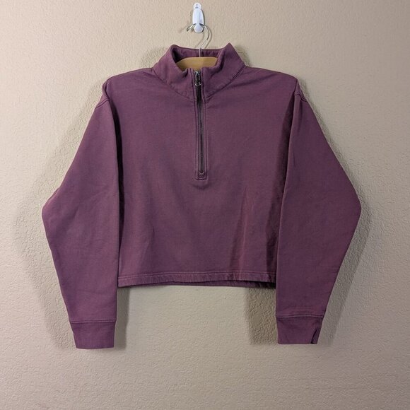 Girlfriend Collective Tulipwood Mauve 50/50 Half Zip Sweatshirt M Crop Lounge - Picture 2 of 8